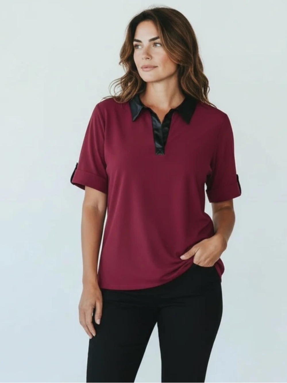 NWT Jones New York Burgundy Top with Black Faux Leather Trim Sizes M  & XL
